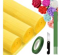 Papier Crépon, 25 x 245 cm 3 Rouleau Papier Crépon avec 15 brindilles vertes, un couteau de bricolage, un rouleau de ruban adhésif de bricolage vert (Jaune)