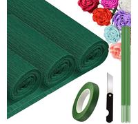 Papier Crépon, 25 x 245 cm 3 Rouleau Papier Crépon avec 15 brindilles vertes, un couteau de bricolage, un rouleau de ruban adhésif de bricolage vert (Vert foncé)