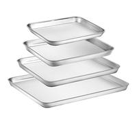 Papier cuisson Lot de 4, Zacfton en acier inoxydable Cookie de lit 4 pièces grille-pain plaque de cuisson Poêle rectangulaire Taille non toxique et sains, finition miroir supérieure et facile à nettoyer, passe au lave-vaisselle, 16inch 12inch 10inch 9inch argenté