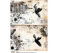 Papier de riz A4 - Scraplove - Fond Junk Journal N&B 1 fleurs oiseaux