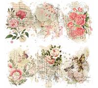Papier de riz avec roses et oiseaux, 20,32 x 26,67 cm, 6 images différentes imprimées en papier de mûrier 30 g/m², fibres visibles pour découpage, artisanat, technique mixte, collage artistique