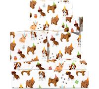 Papier D'emballage Blanc - Chiens En Chapeaux - 6 Feuilles De Papier Cadeau D'anniversaire - Célébration - Pour Hommes, Femmes, Enfants - Recyclable