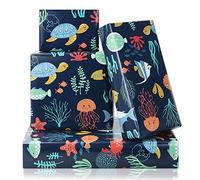 Papier d'emballage d'anniversaire Océan pour Enfants Filles Garçons, Sous l'eau Animal Design Papier Cadeau pour Anniversaire Baby Shower Fête des Enfants, 4 Feuilles 50 x 70 cm par Feuille