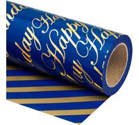 Papier D'emballage D'anniversaire Réversible - Mini Rouleau - 43.2cmx10m - Lettre Bleu Et Or ""Happy Birthday"" Pour Anniversaire, Vacances, Fête, Baby Shower