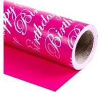 Papier D'emballage D'anniversaire Réversible - Mini Rouleau - 43.2cmx10m - Lettre Rose Vif Et Argentée ""Happy Birthday"" Design Pour Anniversaire, Fête, Party, Baby Shower