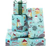 Papier D'emballage De Noël, 4 Feuilles Océan Pirates Vie Trésor Navire Île Pieuvre Baleine Papier De Noël Pour Enfants Garçons Filles 50x70cm Par Feuille Avec Ruban Vert Pendant Les Vacances De Noël