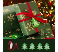 Papier d'Emballage de Noël Recyclable 70x50cm, 70x100cm Avec Ruban et Etiquettes, Papier Cadeau Vert (Vert 70X100cm)