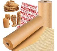 Papier d'emballage en nid d'abeille de 38,1 cm x 400 m, alternative au papier bulle recyclable pour le déménagement et l'expédition d'articles fragiles avec 12 autocollants fragiles