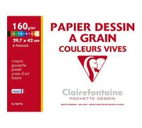 Clairefontaine 96773C - Pochette Dessin Scolaire - 8 Feuilles Papier Dessin à Grain Couleurs Vives Assorties - A3 29,7x42 cm 160g - Idéal pour les Arts Plastiques