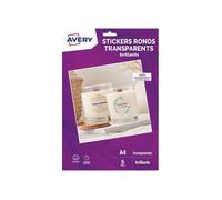 Papier d'impression Avery Dennison 5 feuilles stickers ronds transparents brillants - diamètre 4cms - Jet d'encre