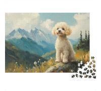 Papier Dog in Mountain Landscape Painting Elegant Curly Dog Wall Art