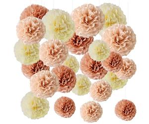 Papier Fleur Pompon, 24 Pièces Fleurs en Papier Pom en Tissu, Décoration Pompons, 3 Couleurs et 3 Tailles pour les Décorations de Fête de Mariage, Rose Nude, Racine de Lotus, Beige