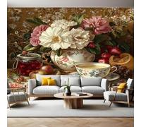 Papier Panoramique Mural Fleurs de pivoine florales et coupe Papier Peint Intissé Poster Tableaux Muraux Tapisserie Photo pour Salon Canapé TV Fond Décoration Murale 350 x 256 cm