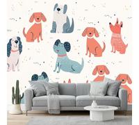 Papier peint 200 x 140 cm Revêtement mural décoration pour chambre salon cuisine - Design unique et moderne Chien peint à la main, amusement enfantin papier peint non tissé Orange Bleu