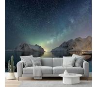Papier peint 200 x 140 cm Revêtement mural décoration pour chambre salon cuisine - Design unique et moderne Ciel étoilé, montagnes et reflets sur l'eau papier peint non tissé Bleu Vert