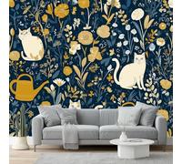 Papier peint 300 x 210 cm Revêtement mural décoration pour chambre salon cuisine - Design unique et moderne Illustration de fleurs de chat vintage papier peint non tissé Bleu Jaune