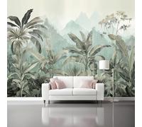 Papier peint 300 x 210 cm Revêtement mural décoration pour chambre salon cuisine - Design unique et moderne Ambiance brumeuse de forêt tropicale rétro papier peint non tissé Vert Gris