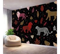 Papier Peint 350 x 256 cm, Papier Peint Panoramique Intissé Graffitis lions léopards cœurs, Noir Rouge Décoration Murale Poster Tableaux Muraux Imprimé 3D Tapisserie Photo