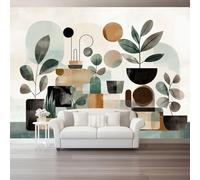 Papier Peint 350 x 256 cm, Papier Peint Panoramique Intissé Style moderne milieu siècle Plantes Abstrait Ligne, Beige Décoration Murale Poster Tableaux Muraux Imprimé 3D Tapisserie Photo