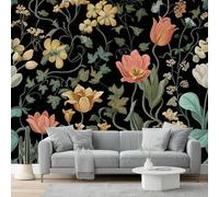 Papier peint 350 x 256 cm Revêtement mural décoration pour chambre salon cuisine - Design unique et moderne Fleurs peintes à la main style forêt papier peint non tissé Couleur noire