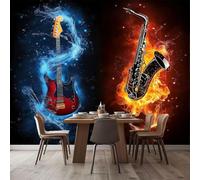 Papier peint 3D 300 x 210 cm - Éléments musicaux Guitare Saxophone Motif Imprimé - Bleu Rouge Papier Peint intissé - pour la maison Chambre Salon Décoration murale minimaliste non tissé