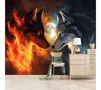 papier peint 3d 400x280cm Loup D'eau Et De Feu papier peint panoramique 3d Ensemble mural 3D sur toile à l’huile, montage sans joint apparent, parfait pour salle à manger EB24-9232