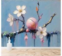 Papier Peint 3D Abstrait Bleu Encre De Chine Fleurs Cerisier Boules Roses | Autocollants Décoratifs Haut de Gamme Adaptés à Tous les Murs Des Restaurants Canapés Salons et Chambres Coucher-150cm×105cm