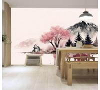 Papier Peint 3D Aquarelle : Cerisiers En Fleurs Roses Montagnes Pinède | Fresques Murales et Créatives Décoration D'intérieur Pour le Bureau Salon la Chambre Coucher Canapé Mural de Luxe-200cm×140cm