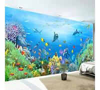 Papier Peint 3D Aquarium Dauphin Poisson Rouge Corail Photo Mural Effet Mur Géant Photos Moderne Intissé Décoration Murale Trompe l’Oeil Revêtement Panoramique Tapisserie XXL, 200 x 140 cm