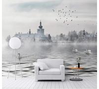 Papier Peint 3D Architecture En Relief Cygne Brume Blanche Lac | Facile à Installer Cette Décoration Luxueuse Est Idéale Pour un Bureau Salon une Chambre ou Mur Derrière le TV-300cm×210cm