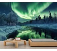 Papier peint 3D Aurore verte, aurore boréale, paysage naturel pour salon, chambre à coucher, arrière-plan TV, hôtel, bar - 300 x 210 cm