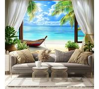 Papier peint 3D avec fenêtre et vue sur la mer - Papier peint autocollant et amovible pour salon, chambre à coucher, salle de bain, bureau, salle à manger, chambre d'enfant