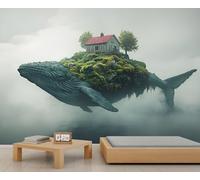 Papier peint 3D baleine, peinture murale ciel, peintures murales baleines de conte de fées pour salon, chambre à coucher, arrière-plan TV, décoration de bureau - 390 x 260 cm