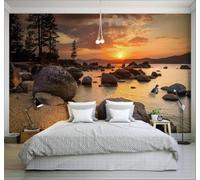 Papier Peint 3D Beau Coucher De Soleil Rochers Vue Sur La Mer Paysage | Facile à Installer Cette Décoration Luxueuse Est Idéale Pour un Bureau Salon une Chambre ou Mur Derrière le TV-200cm×140cm