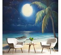 Papier Peint 3D Bleu Blanc Palmiers De Pleine Lune 200X140Cm Poster Geant Mural Panoramique Peinture Murale Interieur Paysage À L'Huile Pour Salon Chambre À Coucher D'Enfant Maison Décoration