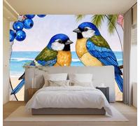 Papier Peint 3D Bleu Et Jaune Petit Oiseau Branche Brune Plage Vagues | Autocollants Décoratifs Haut de Gamme Adaptés à Tous les Murs Des Restaurants Canapés Salons et Chambres Coucher-400cm×280cm