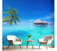 Papier Peint 3D Bleu-Vert Cabane Du Palmier 400X280Cm Poster Geant Mural Panoramique Peinture Murale Interieur Paysages Insulaires Pour Salon Chambre À Coucher D'Enfant Maison Décoration