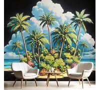 Papier Peint 3D Bleu-Vert L'Île Aux Palmiers 350X260Cm Poster Geant Mural Panoramique Peinture Murale Interieur Paysages Tropicaux Pour Salon Chambre À Coucher D'Enfant Maison Décoration