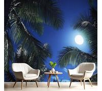 Papier Peint 3D Bleu-Vert Palmier Étoilé Et Croissant 350X260Cm Poster Geant Mural Panoramique Peinture Murale Interieur Paysages Tropicaux Pour Salon Chambre À Coucher D'Enfant Maison Décoration