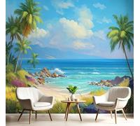 Papier Peint 3D Bleu-Vert Plage Des Palmiers 300X210Cm Poster Geant Mural Panoramique Peinture Murale Interieur Paysages Tropicaux Pour Salon Chambre À Coucher D'Enfant Maison Décoration