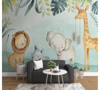 Papier Peint 3D Caricature Mignon Éléphant Girafe Feuilles Vertes | Facile à Installer Cette Décoration Luxueuse Est Idéale Pour un Bureau Salon une Chambre ou Mur Derrière le TV-250cm×170cm