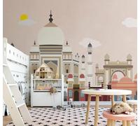 Papier peint 3D Caricatures Bâtiments Urbains Nuages Blancs Soleil | Textures Décoratives et Luxueuses Idéales Pour Les Bureaux Espaces de Travail Maisons Chambres Salons et Murs Tv-350cm×256cm