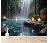 Papier Peint 3D Cascade Fraîcheur Bosquet De Bambous Lac Lueur Des Bougies | Autocollants Décoratifs Haut de Gamme Adaptés à Tous les Murs Des Restaurants Canapés Salons et Chambres Coucher-150cm×105cm