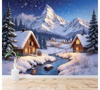 Papier Peint 3D Chaleur Cabane Pins Rivière Paysage De Montagnes Enneigées | Autocollants Décoratifs Haut de Gamme Adaptés à Tous les Murs Des Restaurants Canapés Salons et Chambres Coucher-150cm×105cm