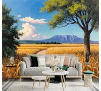 Papier Peint 3D Champs De Blé Dorés Chemins De Campagne Grands Arbres | Autocollants Décoratifs Haut de Gamme Adaptés à Tous les Murs Des Restaurants Canapés Salons et Chambres Coucher-350cm×256cm