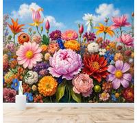 Papier Peint 3D Ciel Bleu Nuages Blancs Couleurs Variées Fleurs Paysage | Autocollants Décoratifs Haut de Gamme Adaptés à Tous les Murs Des Restaurants Canapés Salons et Chambres Coucher-150cm×105cm