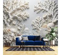 Papier Peint 3D Côtier 106 X 112 Pouces Papier Peint Mural 3D En Relief Avec Motif De Corail Et Paysage Marin Coquillages Et Fleurs Style Côtier Décoration Murale Pour Salon Mur D'Accent Corail 2