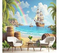 Papier Peint 3D Couleurs De L'Arc-En-Ciel Pirates Du Galion 250X170Cm Poster Geant Mural Panoramique Peinture Murale Interieur Paysage De Plage Pour Salon Chambre À Coucher D'Enfant Maison Décoration