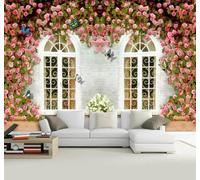 Papier Peint 3D Créativité Romantisme Fleurs Papillons Fenêtre | Facile à Installer Cette Décoration Luxueuse Est Idéale Pour un Bureau Salon une Chambre ou Mur Derrière le TV-400cm×280cm