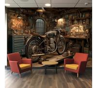 Papier peint 3D d'atelier de moto - Décoration de garage industriel pour salon, chambre à coucher, mur - Art à décoller et à coller soi-même pour café, hôtel, espace commercial (L 350 cm x l 256 cm)